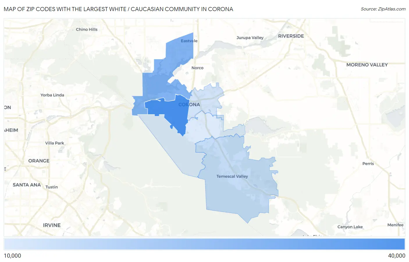Zip Codes with the Largest White / Caucasian Community in Corona Map