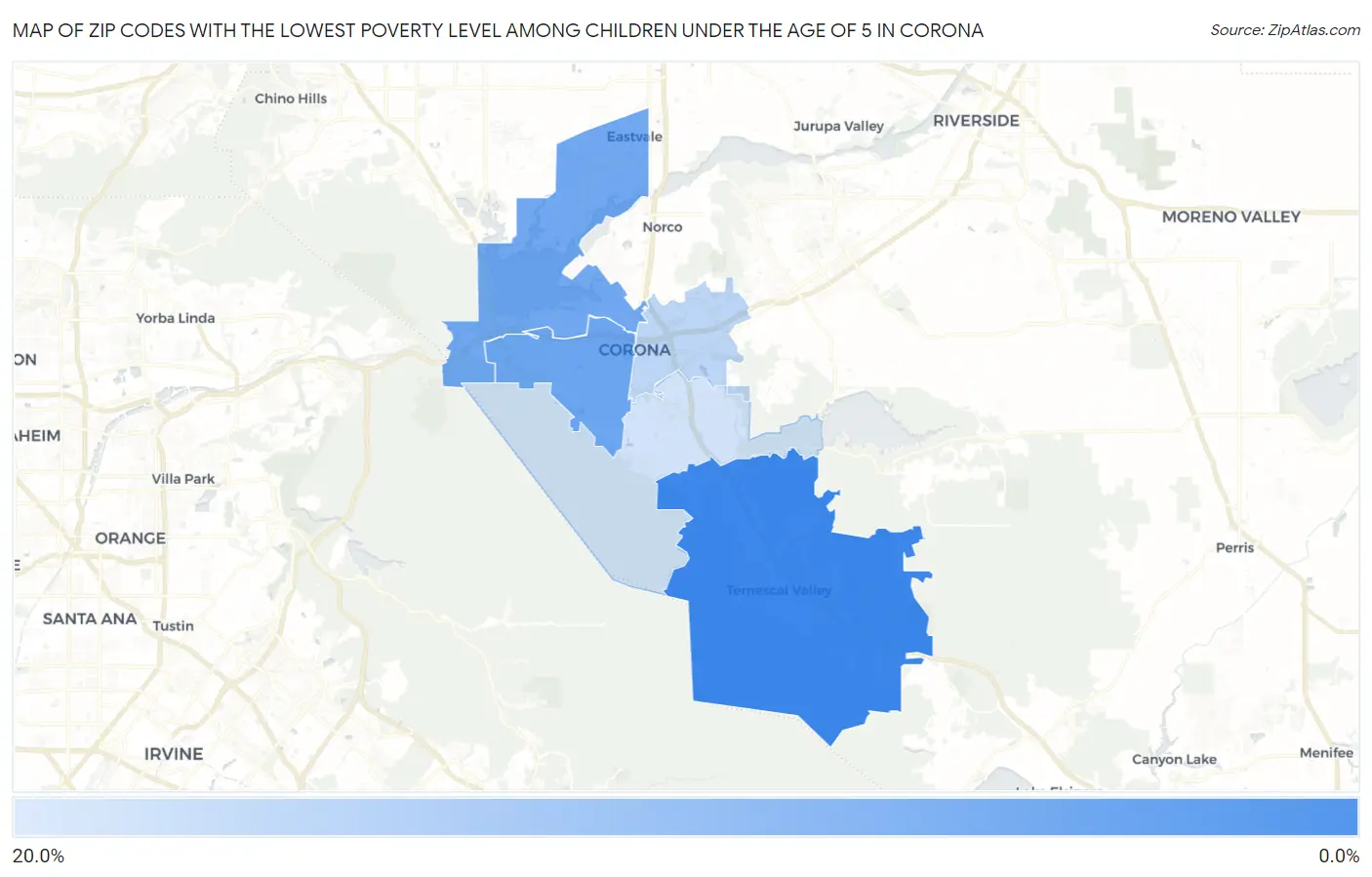 Zip Codes with the Lowest Poverty Level Among Children Under the Age of 5 in Corona Map