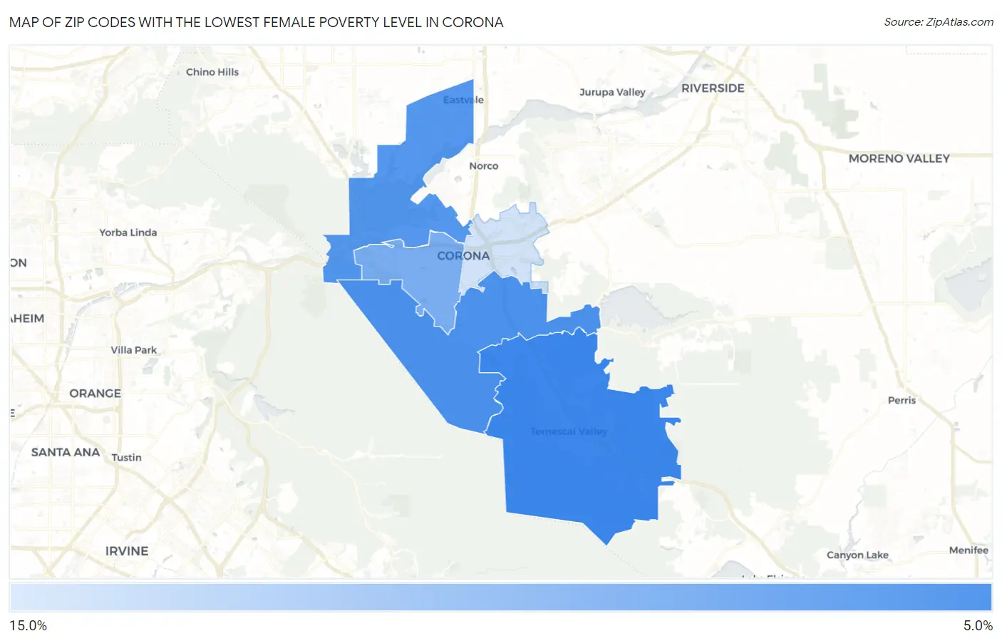 Zip Codes with the Lowest Female Poverty Level in Corona Map