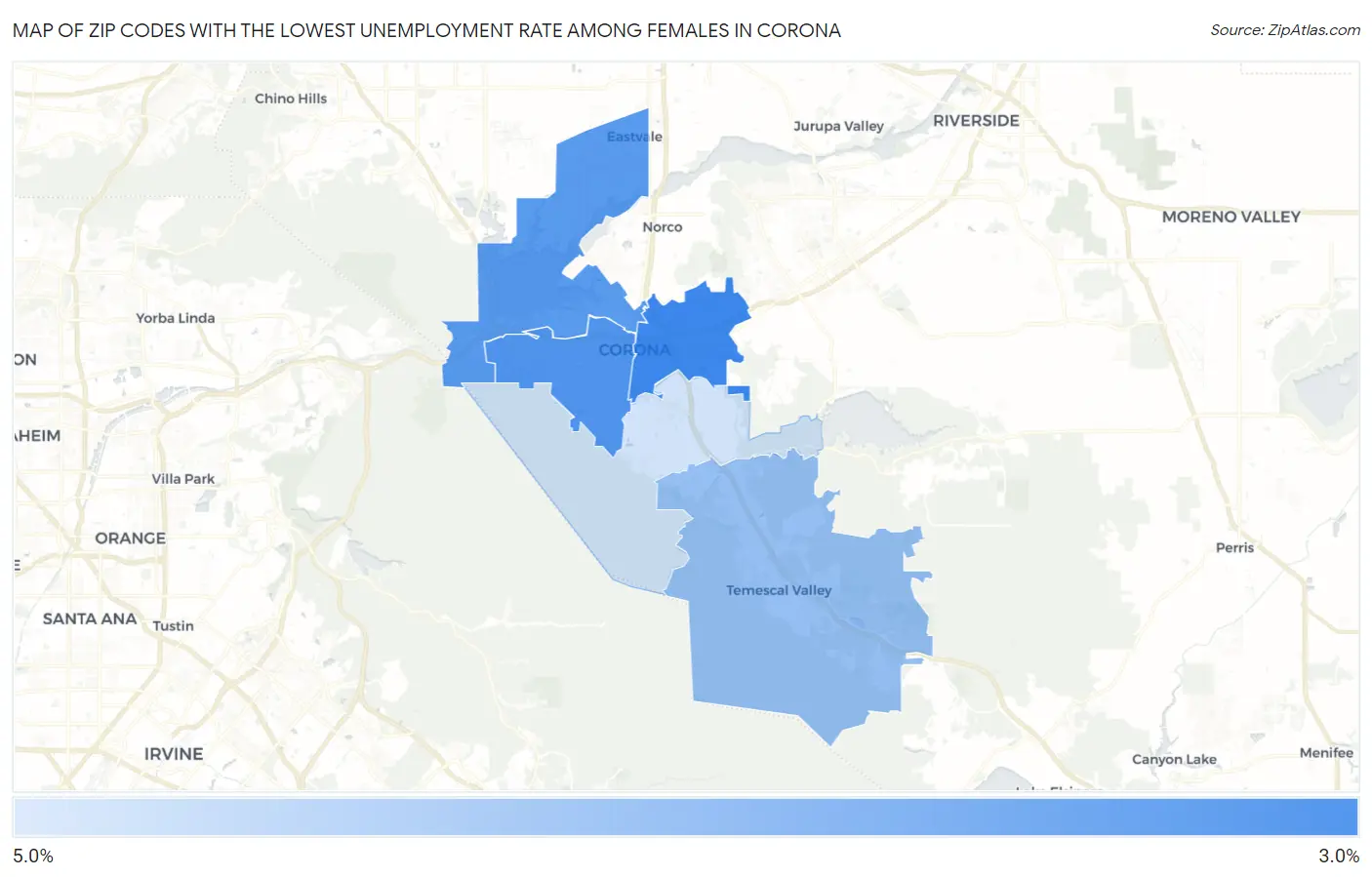 Zip Codes with the Lowest Unemployment Rate Among Females in Corona Map