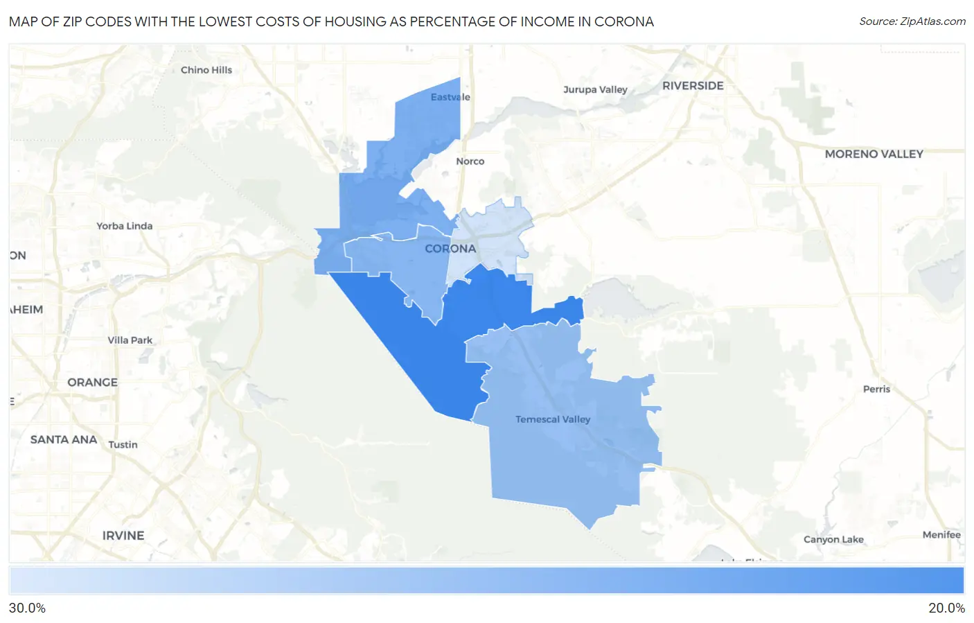Zip Codes with the Lowest Costs of Housing as Percentage of Income in Corona Map