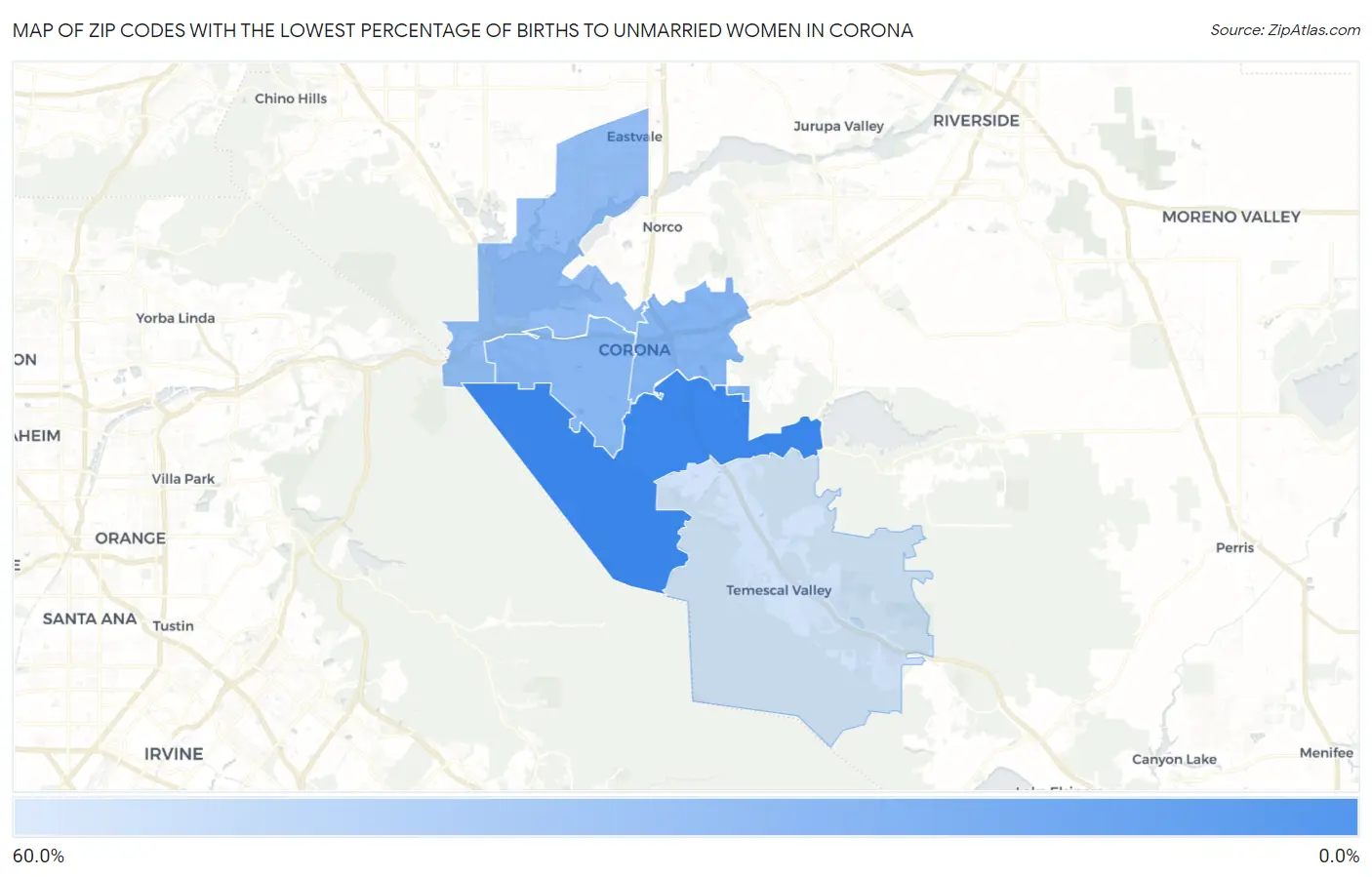 Zip Codes with the Lowest Percentage of Births to Unmarried Women in Corona Map