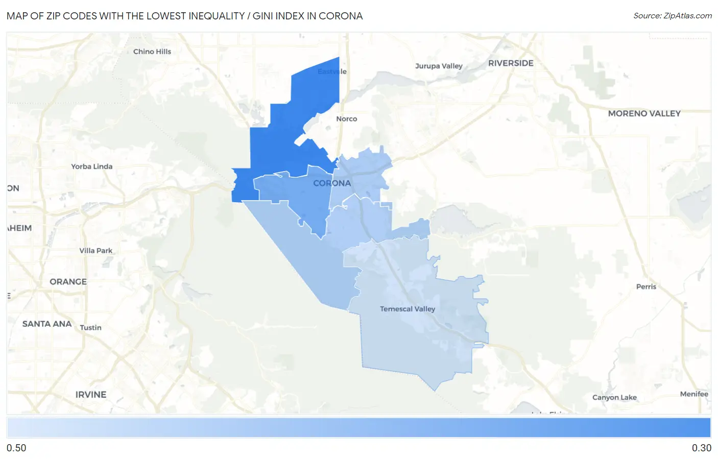 Zip Codes with the Lowest Inequality / Gini Index in Corona Map