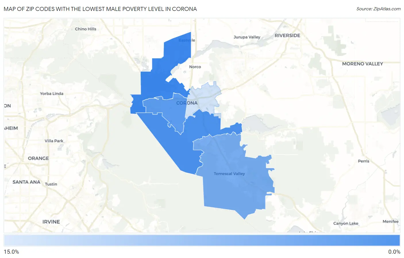 Zip Codes with the Lowest Male Poverty Level in Corona Map