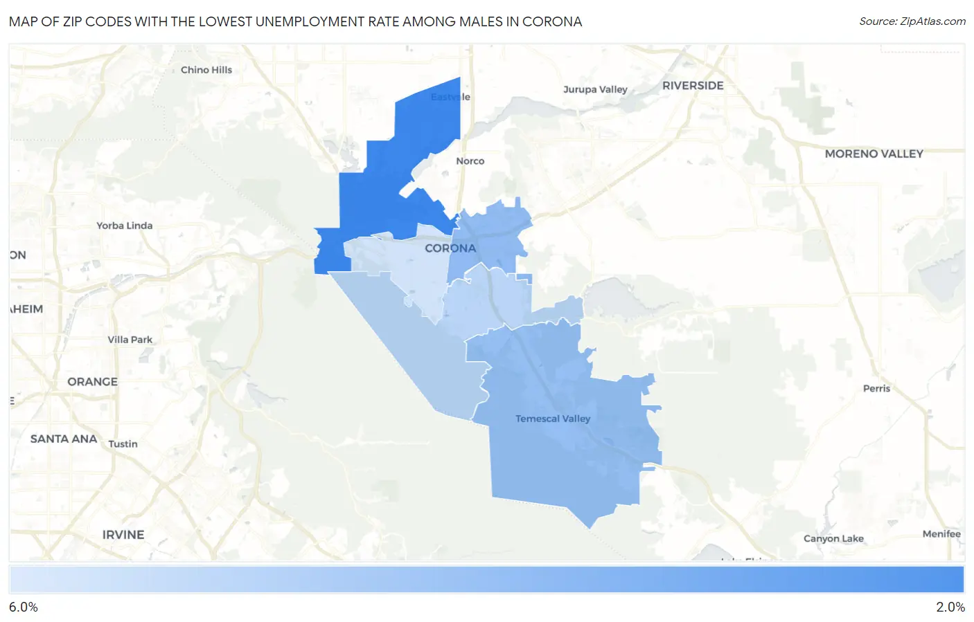 Zip Codes with the Lowest Unemployment Rate Among Males in Corona Map