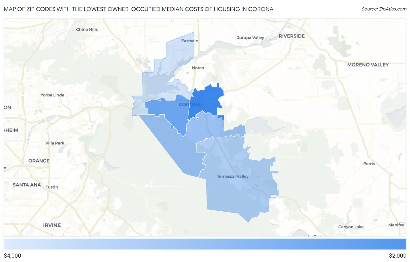 Zip Codes with the Lowest Owner-Occupied Median Costs of Housing in Corona Map