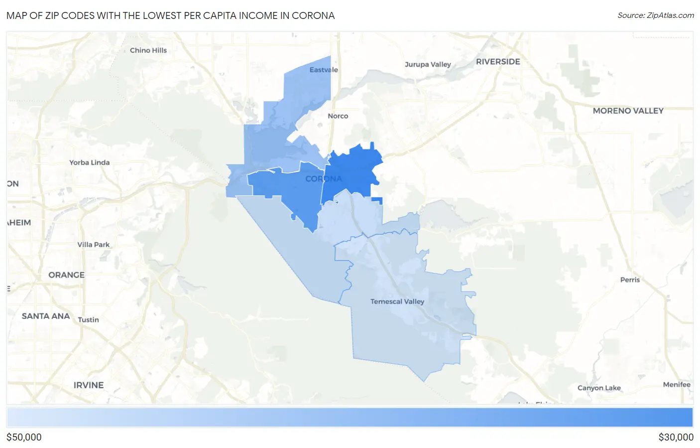 Zip Codes with the Lowest Per Capita Income in Corona Map