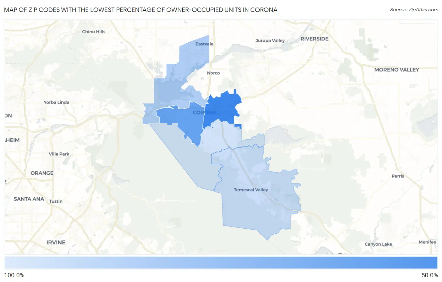 Zip Codes with the Lowest Percentage of Owner-Occupied Units in Corona Map