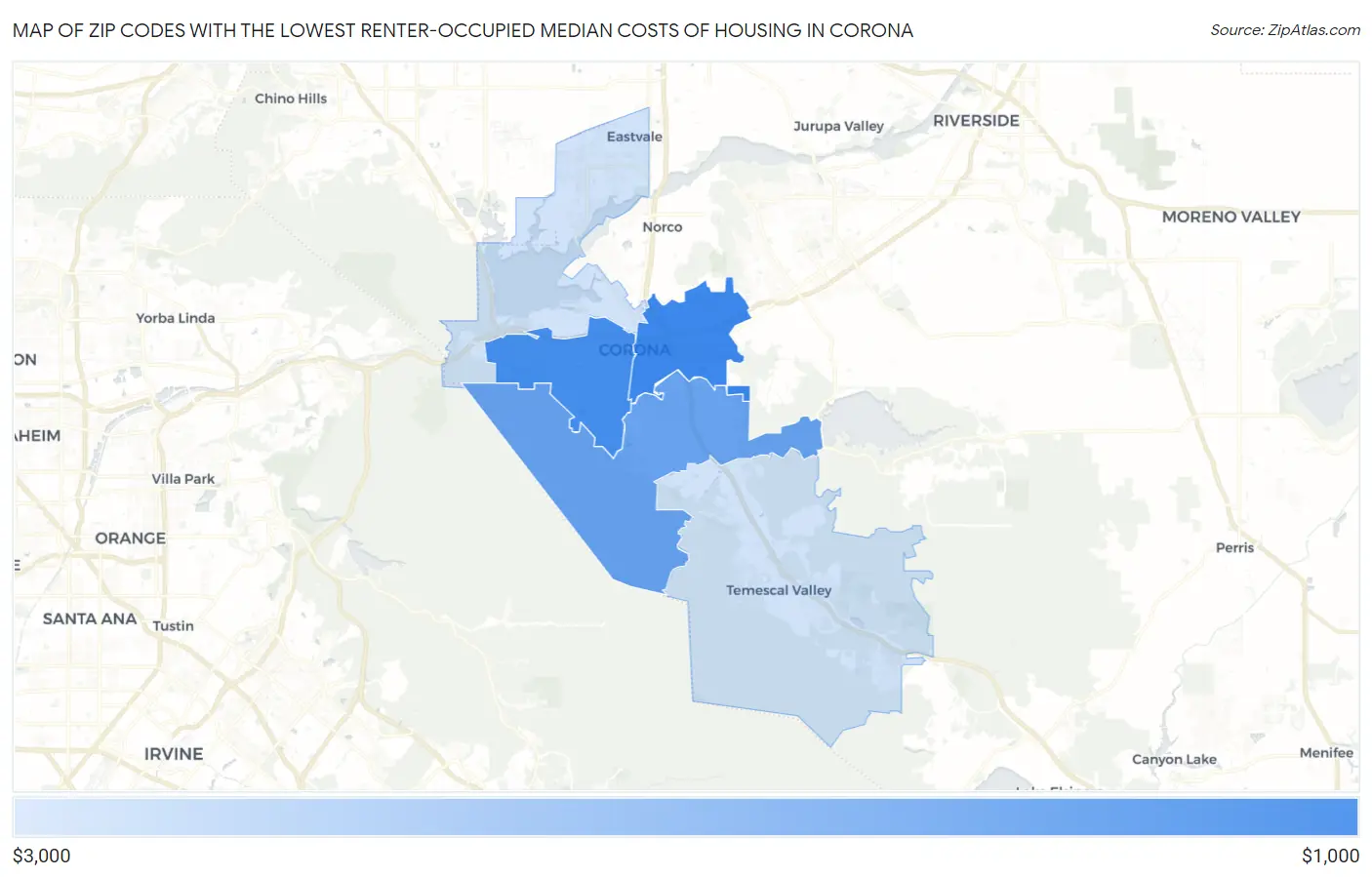 Zip Codes with the Lowest Renter-Occupied Median Costs of Housing in Corona Map