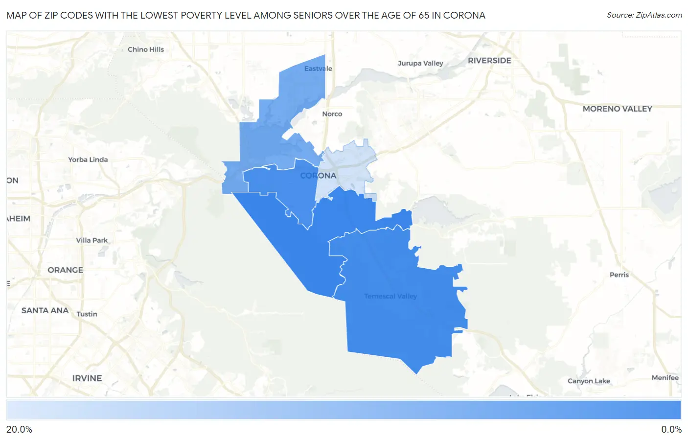 Zip Codes with the Lowest Poverty Level Among Seniors Over the Age of 65 in Corona Map