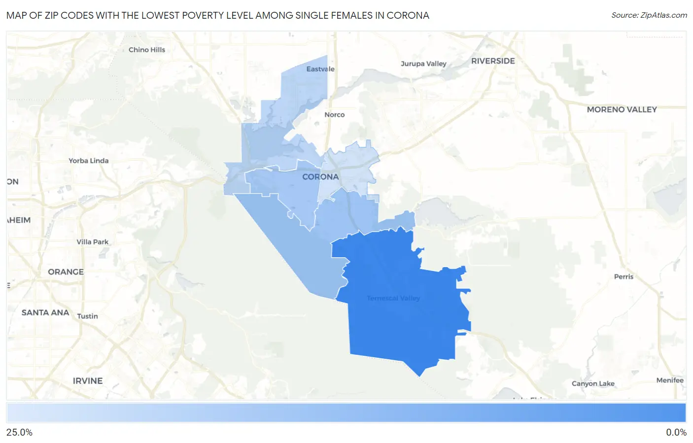 Zip Codes with the Lowest Poverty Level Among Single Females in Corona Map