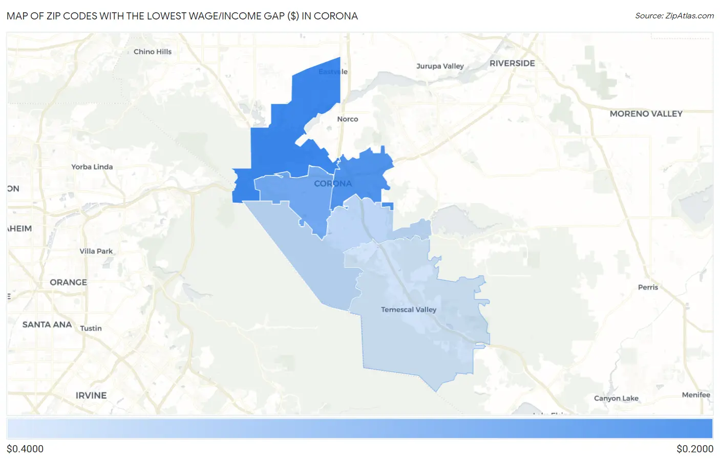 Zip Codes with the Lowest Wage/Income Gap ($) in Corona Map
