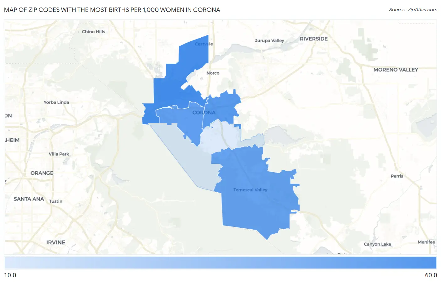 Zip Codes with the Most Births per 1,000 Women in Corona Map