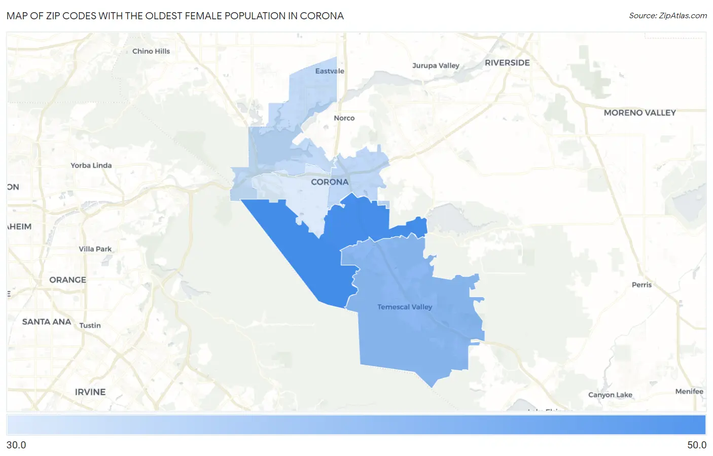 Zip Codes with the Oldest Female Population in Corona Map