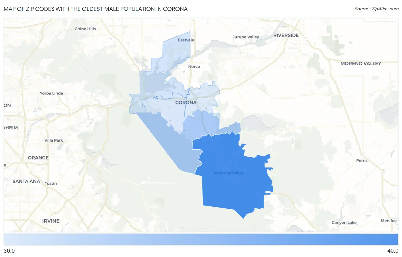 Zip Codes with the Oldest Male Population in Corona Map