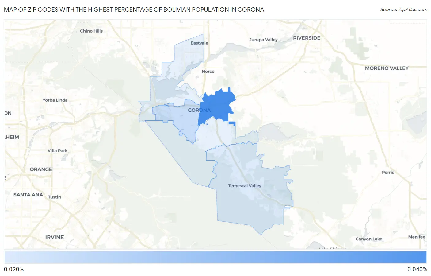 Zip Codes with the Highest Percentage of Bolivian Population in Corona Map