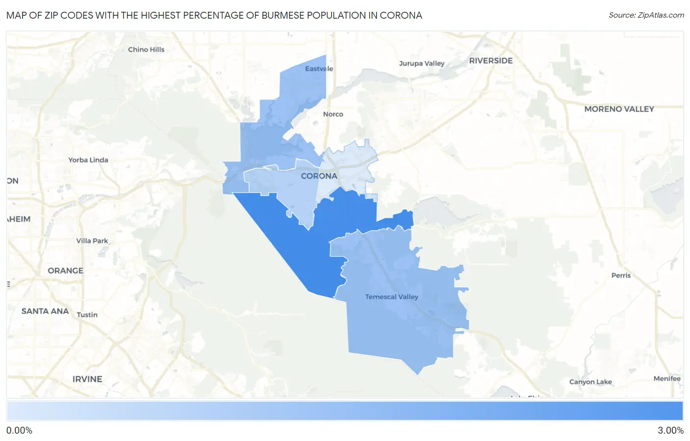 Zip Codes with the Highest Percentage of Burmese Population in Corona Map
