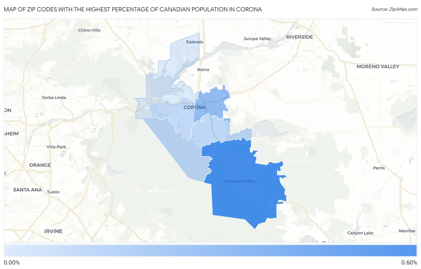 Zip Codes with the Highest Percentage of Canadian Population in Corona Map