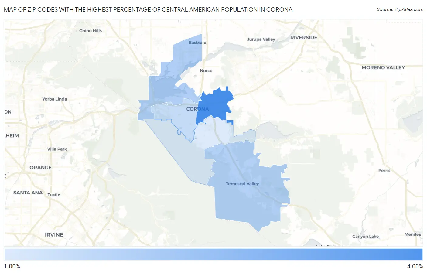 Zip Codes with the Highest Percentage of Central American Population in Corona Map