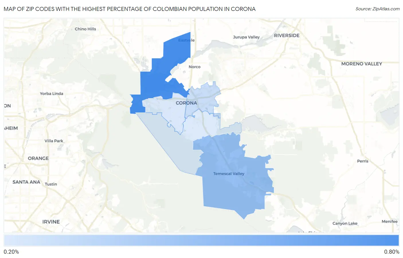 Zip Codes with the Highest Percentage of Colombian Population in Corona Map