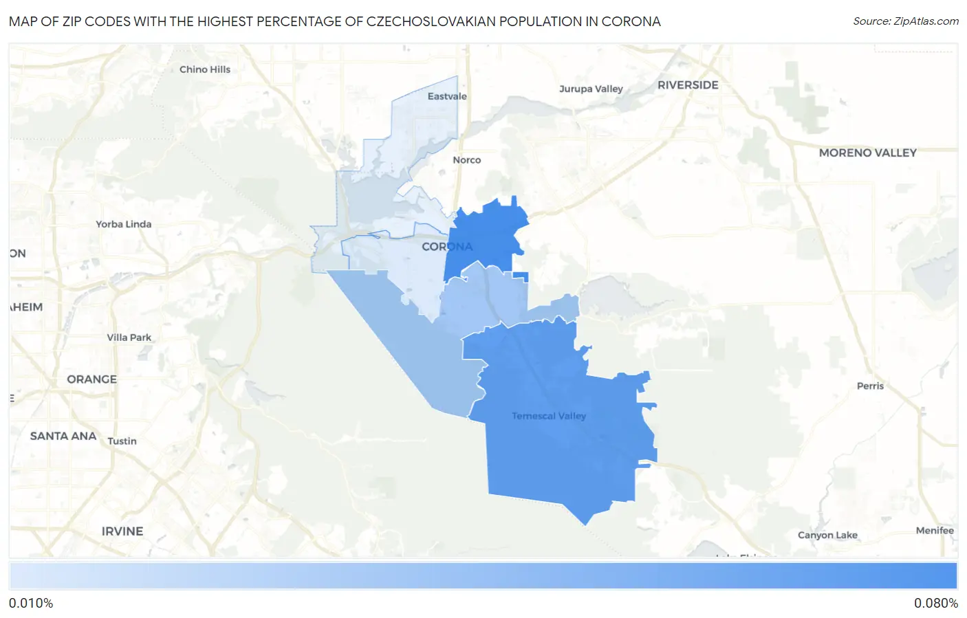 Zip Codes with the Highest Percentage of Czechoslovakian Population in Corona Map