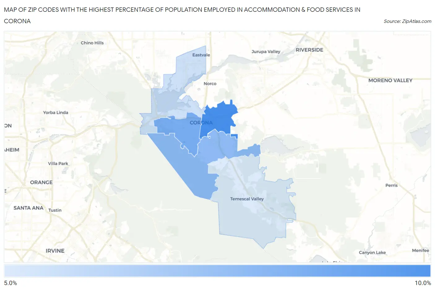 Zip Codes with the Highest Percentage of Population Employed in Accommodation & Food Services in Corona Map
