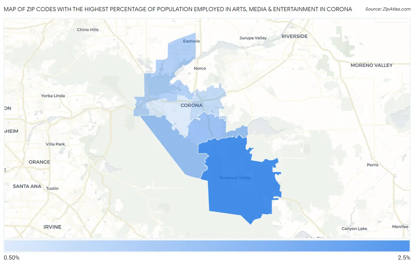 Zip Codes with the Highest Percentage of Population Employed in Arts, Media & Entertainment in Corona Map
