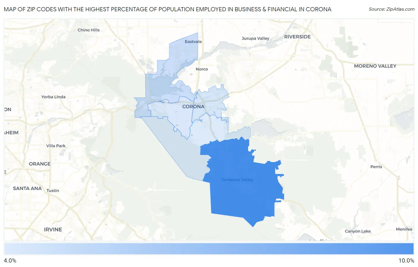 Zip Codes with the Highest Percentage of Population Employed in Business & Financial in Corona Map