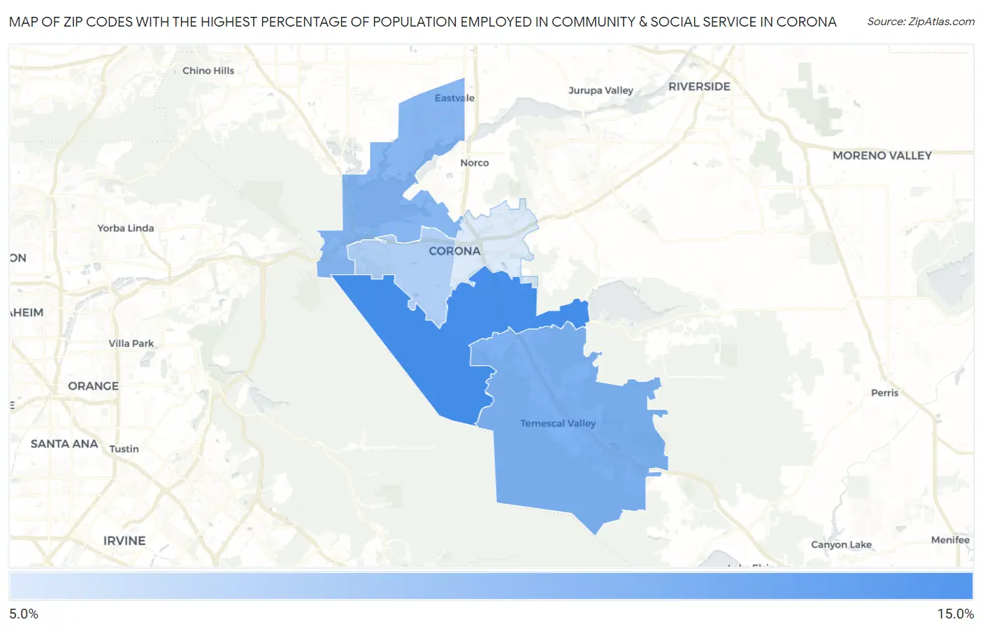 Zip Codes with the Highest Percentage of Population Employed in Community & Social Service  in Corona Map