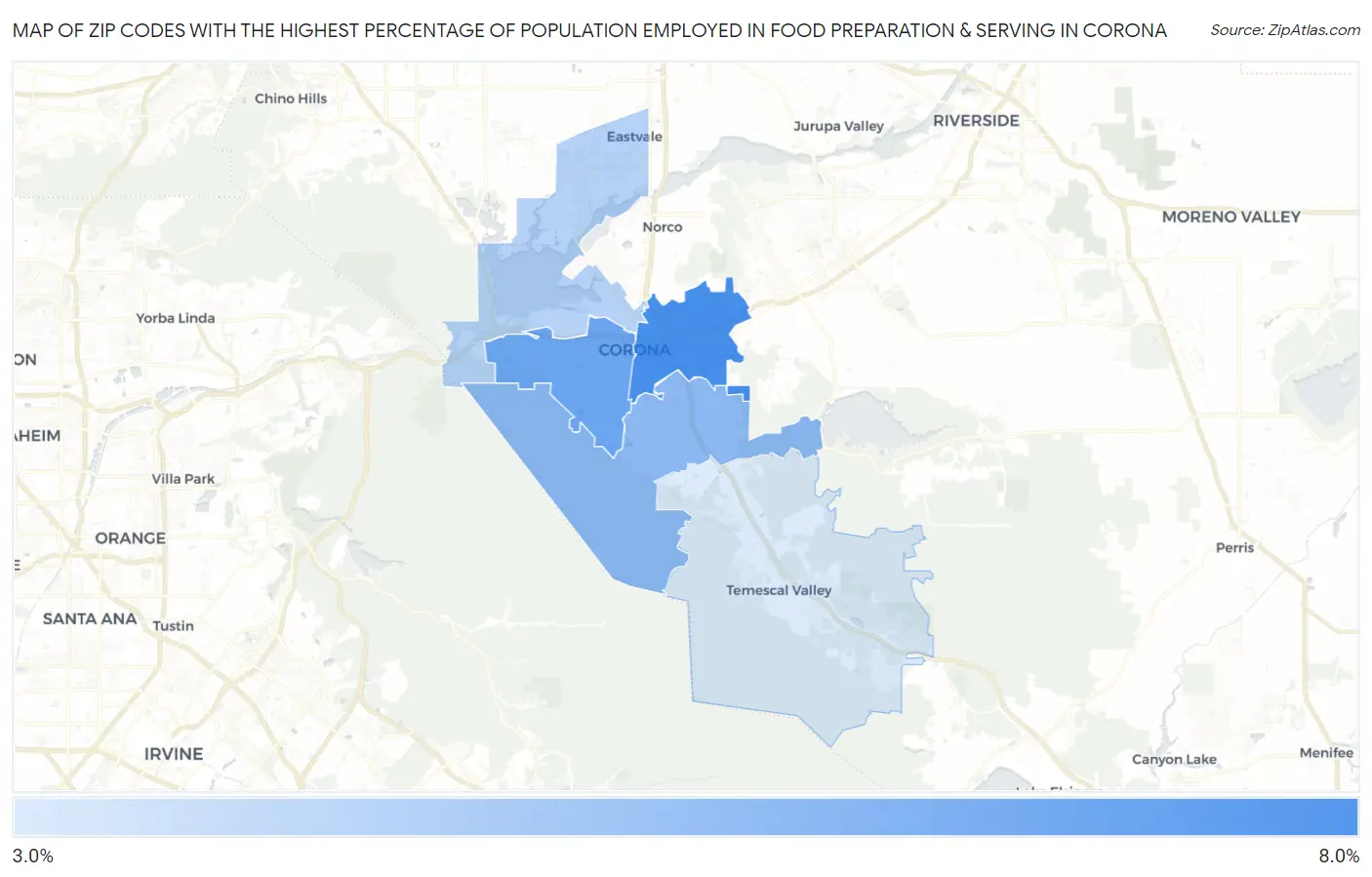 Zip Codes with the Highest Percentage of Population Employed in Food Preparation & Serving in Corona Map