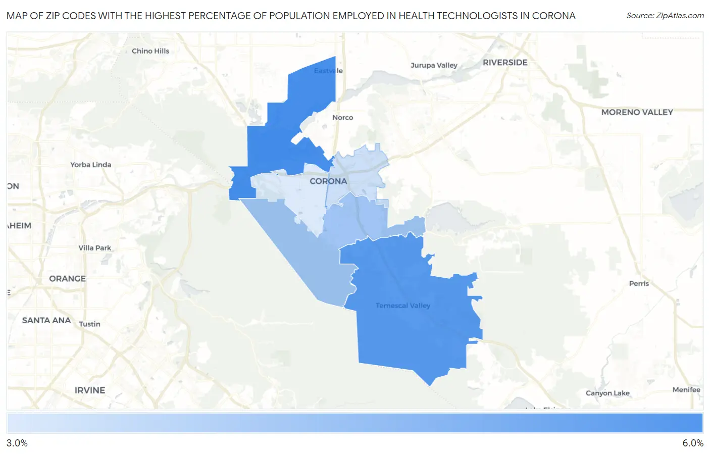 Zip Codes with the Highest Percentage of Population Employed in Health Technologists in Corona Map
