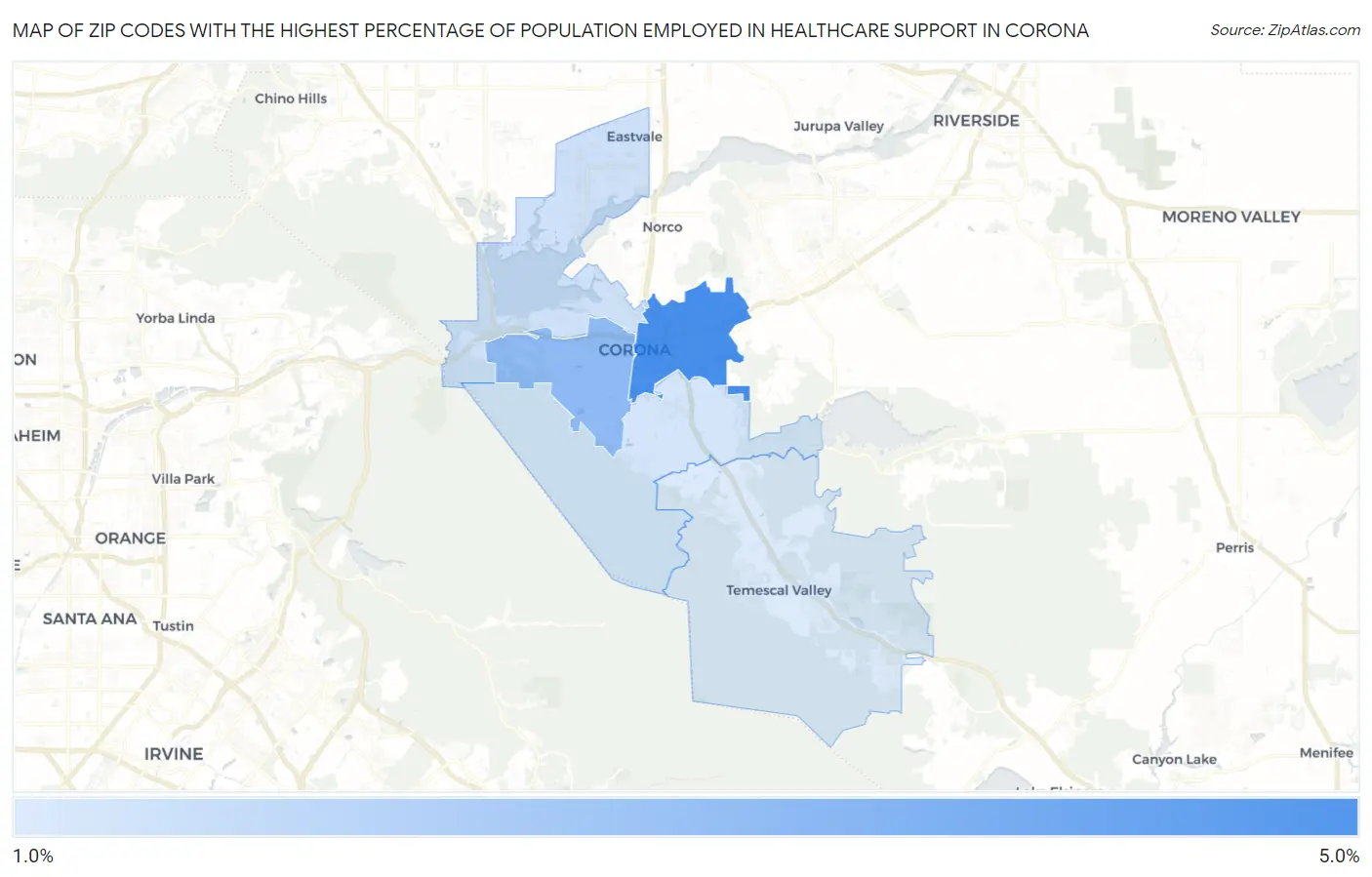 Zip Codes with the Highest Percentage of Population Employed in Healthcare Support in Corona Map