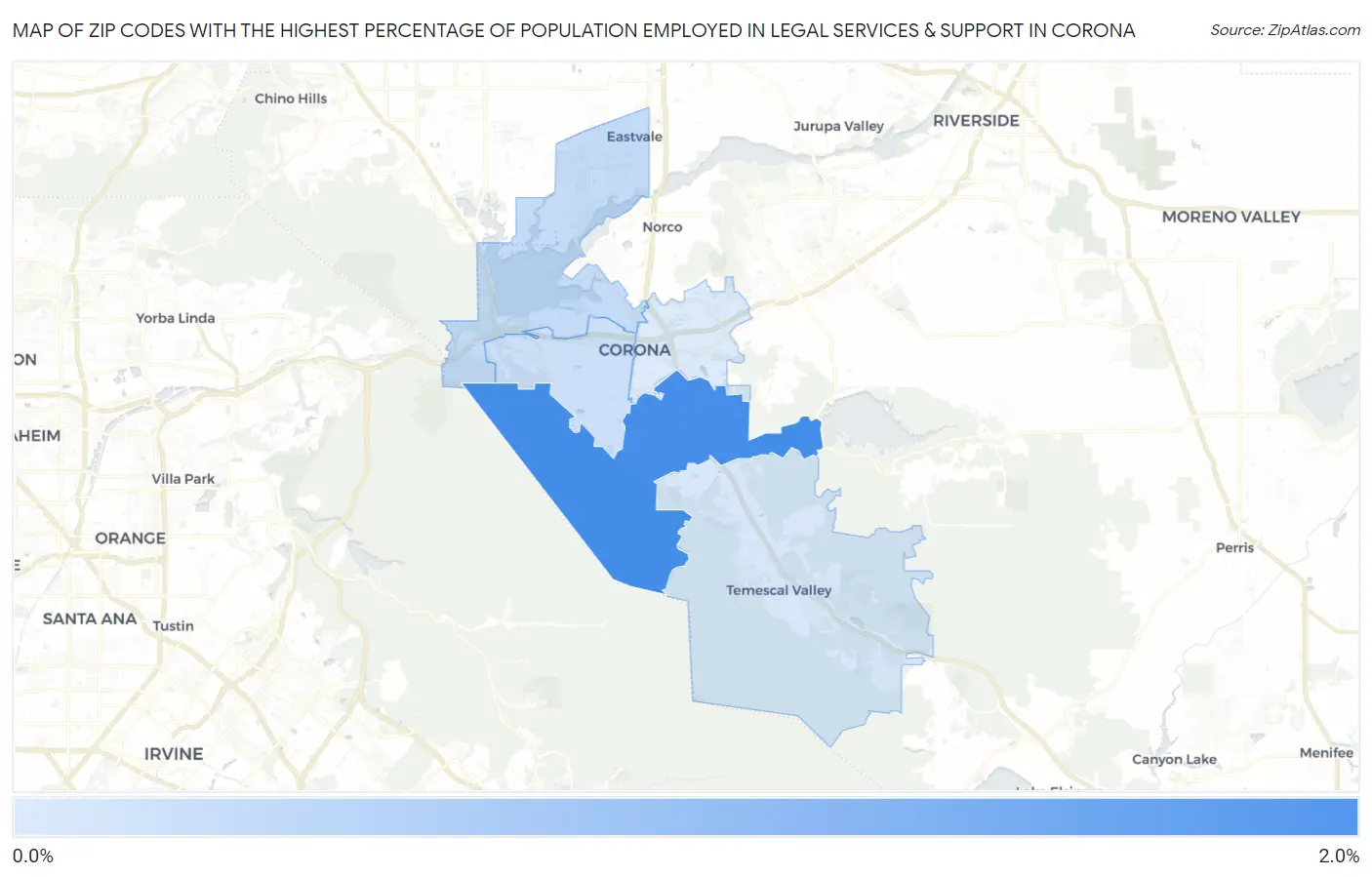 Zip Codes with the Highest Percentage of Population Employed in Legal Services & Support in Corona Map