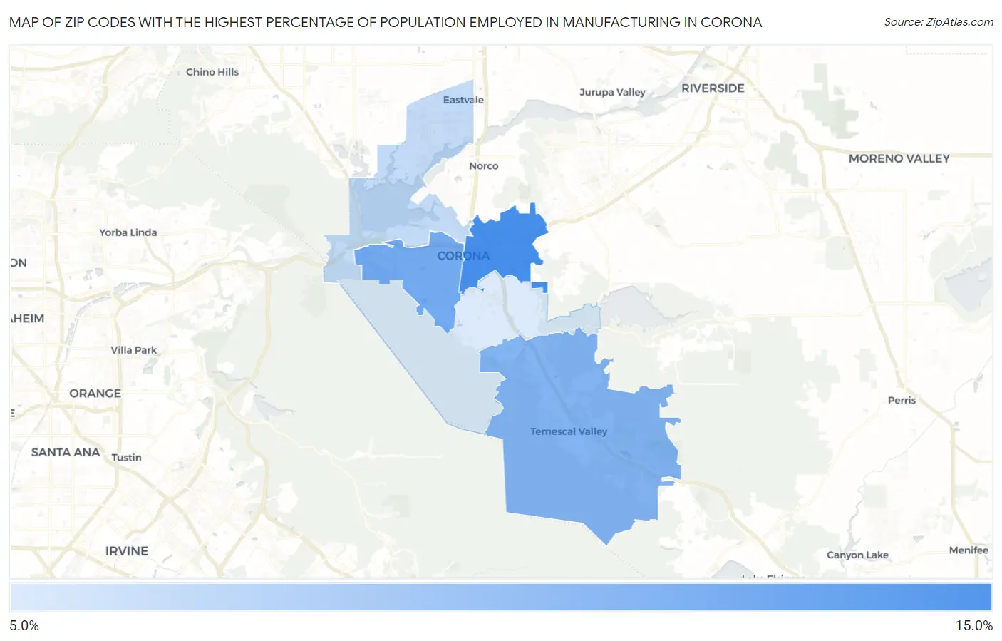 Zip Codes with the Highest Percentage of Population Employed in Manufacturing in Corona Map