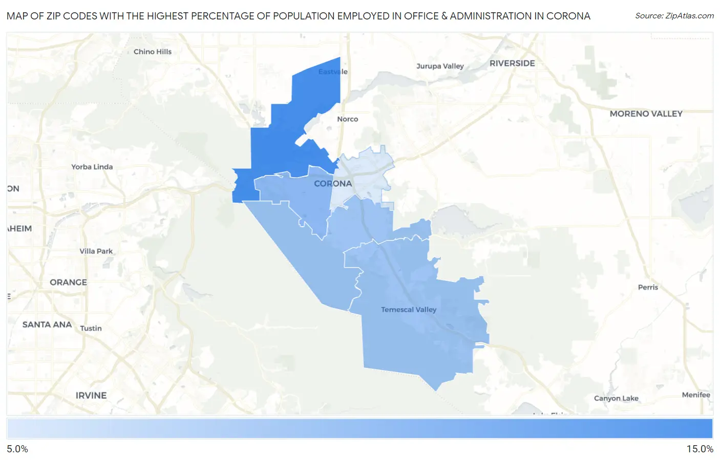 Zip Codes with the Highest Percentage of Population Employed in Office & Administration in Corona Map