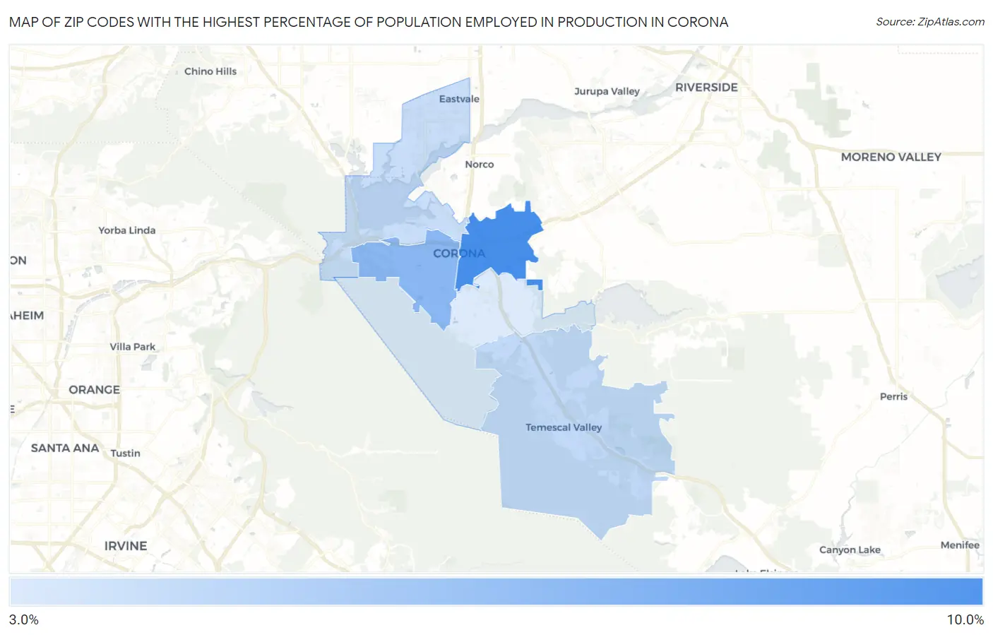 Zip Codes with the Highest Percentage of Population Employed in Production in Corona Map