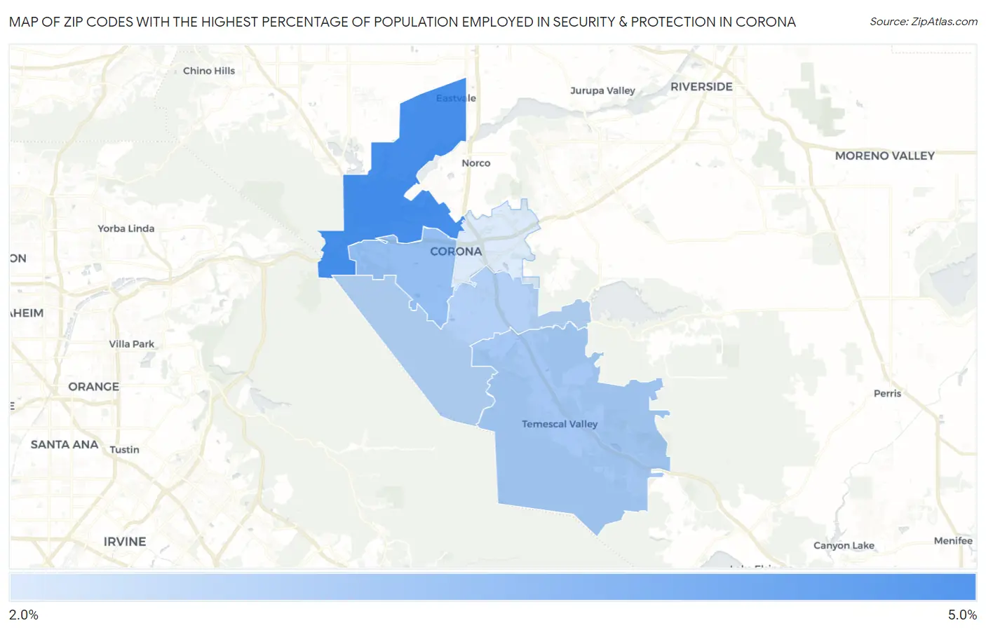 Zip Codes with the Highest Percentage of Population Employed in Security & Protection in Corona Map