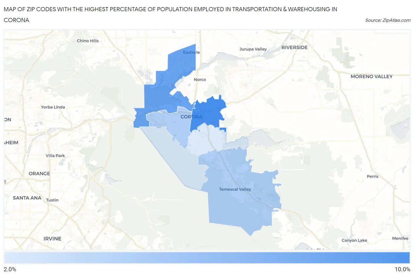 Zip Codes with the Highest Percentage of Population Employed in Transportation & Warehousing in Corona Map