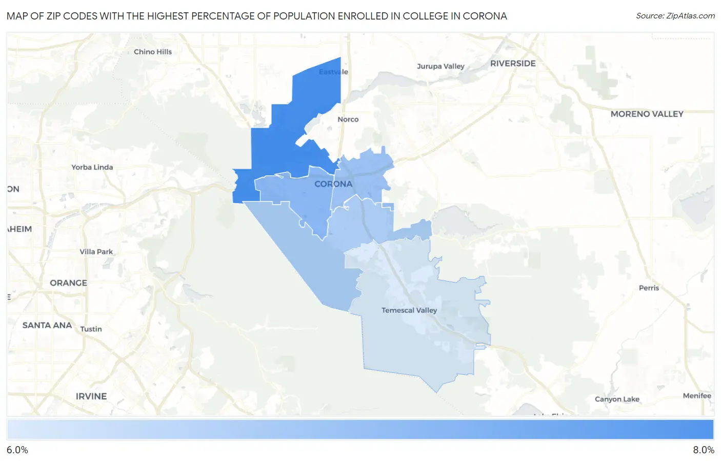 Zip Codes with the Highest Percentage of Population Enrolled in College in Corona Map