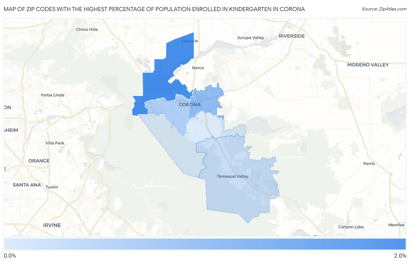 Zip Codes with the Highest Percentage of Population Enrolled in Kindergarten in Corona Map