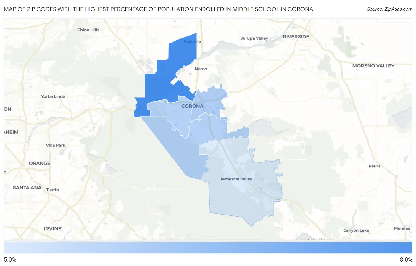 Zip Codes with the Highest Percentage of Population Enrolled in Middle School in Corona Map
