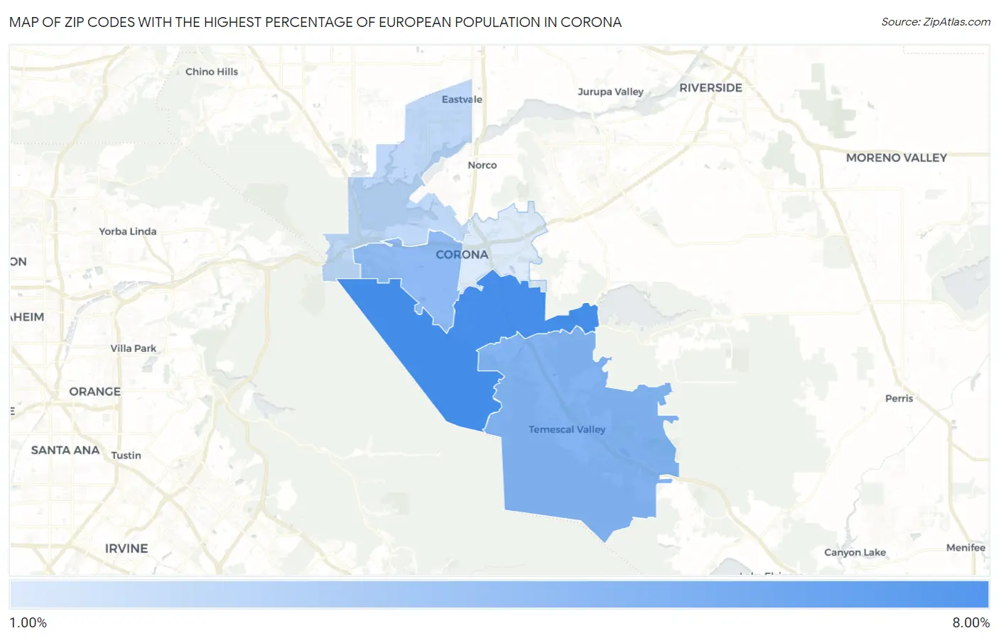 Zip Codes with the Highest Percentage of European Population in Corona Map