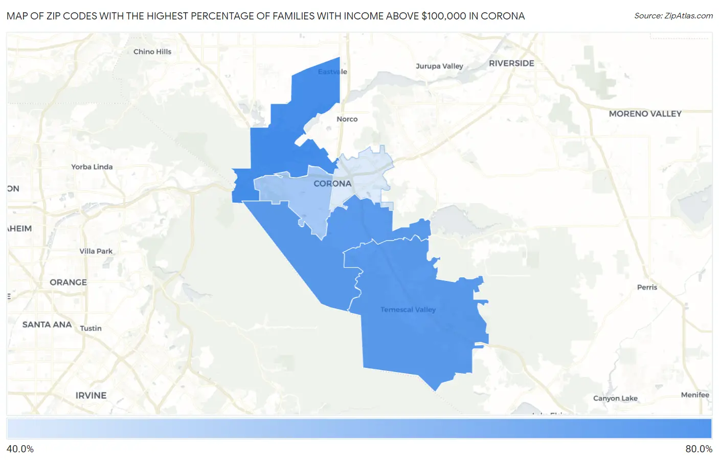 Zip Codes with the Highest Percentage of Families with Income Above $100,000 in Corona Map