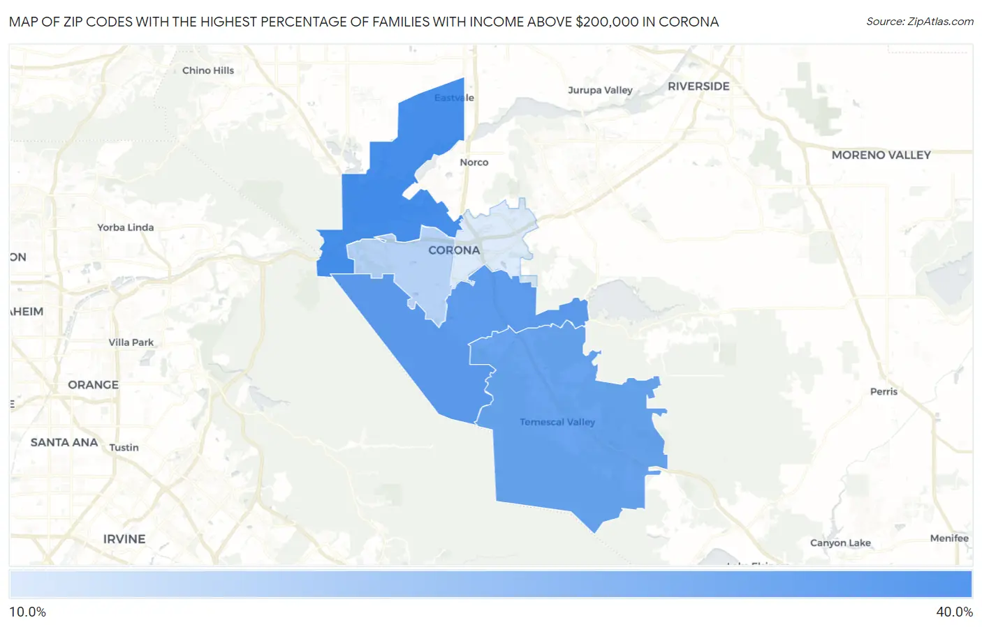 Zip Codes with the Highest Percentage of Families with Income Above $200,000 in Corona Map