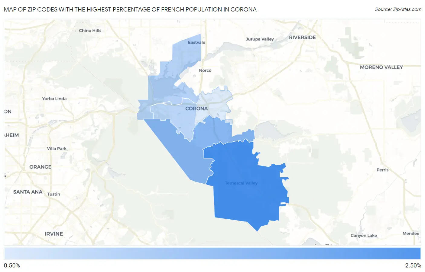 Zip Codes with the Highest Percentage of French Population in Corona Map