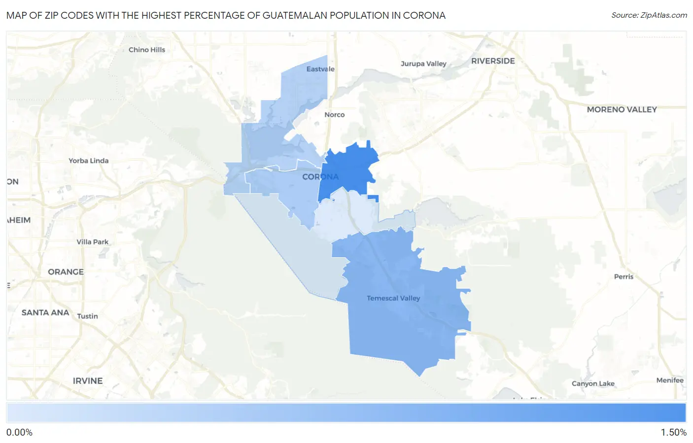 Zip Codes with the Highest Percentage of Guatemalan Population in Corona Map