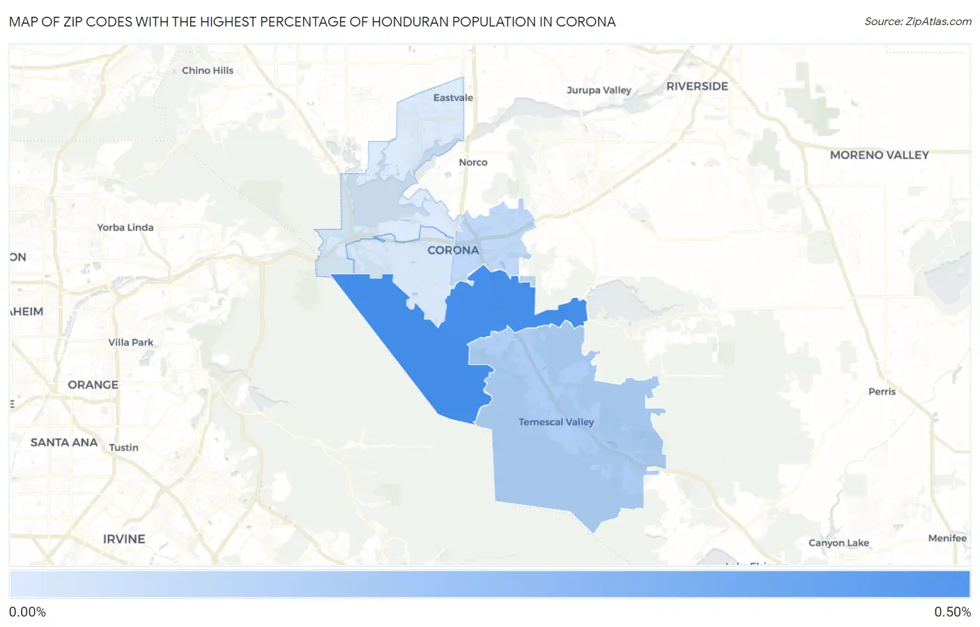 Zip Codes with the Highest Percentage of Honduran Population in Corona Map