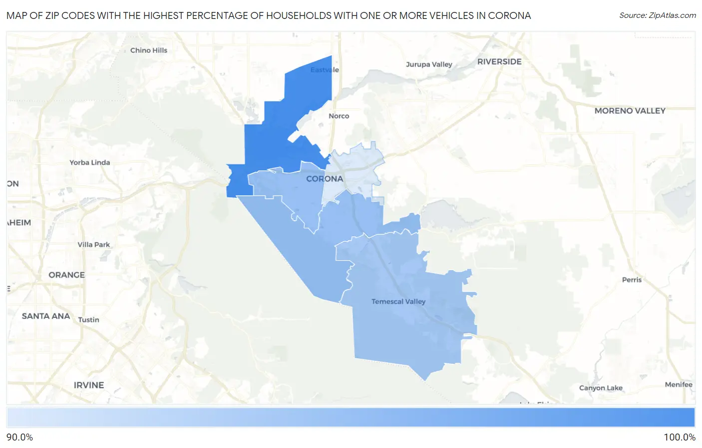 Zip Codes with the Highest Percentage of Households With One or more Vehicles in Corona Map