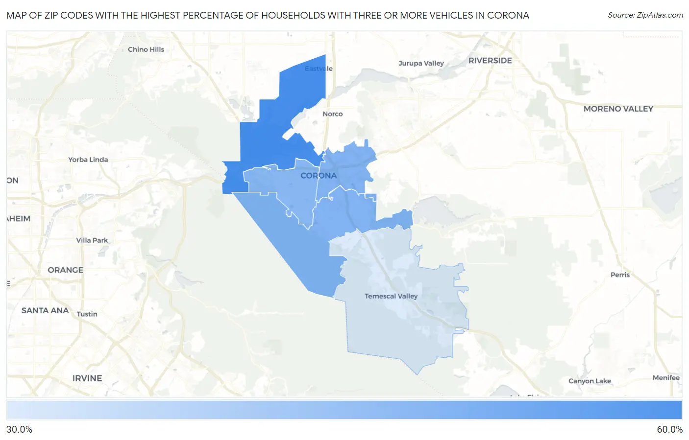 Zip Codes with the Highest Percentage of Households With Three or more Vehicles in Corona Map