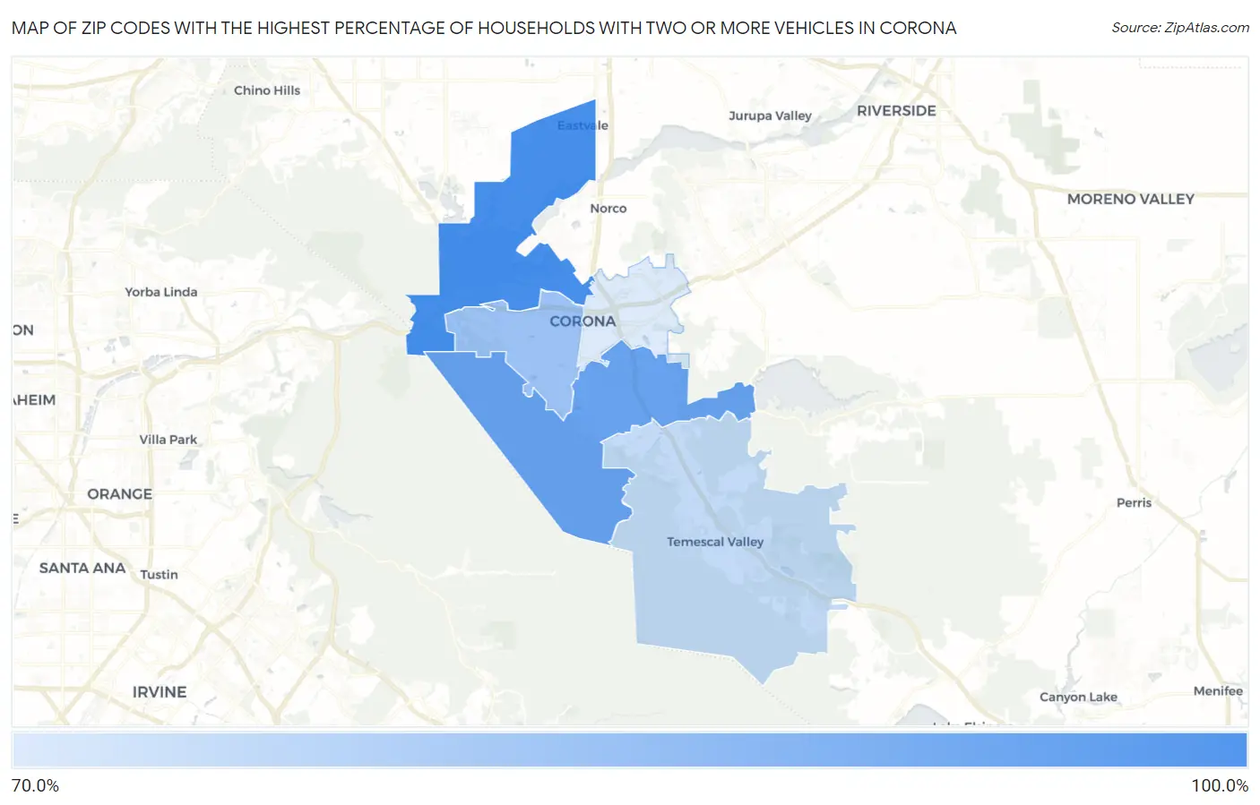 Zip Codes with the Highest Percentage of Households With Two or more Vehicles in Corona Map